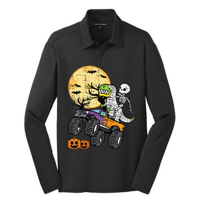 Skeleton Dino Monster Truck Halloween Costume Silk Touch Performance Long Sleeve Polo