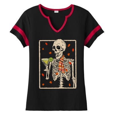 Skeleton Drinking Margarita Cocktail Fall Halloween Costume Ladies Halftime Notch Neck Tee