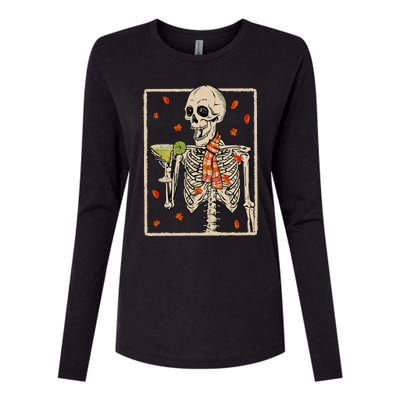 Skeleton Drinking Margarita Cocktail Fall Halloween Costume Womens Cotton Relaxed Long Sleeve T-Shirt