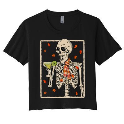 Skeleton Drinking Margarita Cocktail Fall Halloween Costume Women's Crop Top Tee