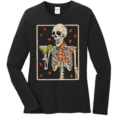 Skeleton Drinking Margarita Cocktail Fall Halloween Costume Ladies Long Sleeve Shirt