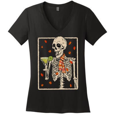 Skeleton Drinking Margarita Cocktail Fall Halloween Costume Women's V-Neck T-Shirt