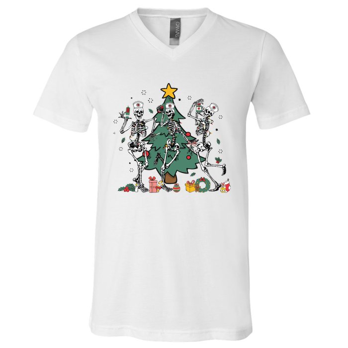 Skeleton Dancing Nurse Christmas V-Neck T-Shirt