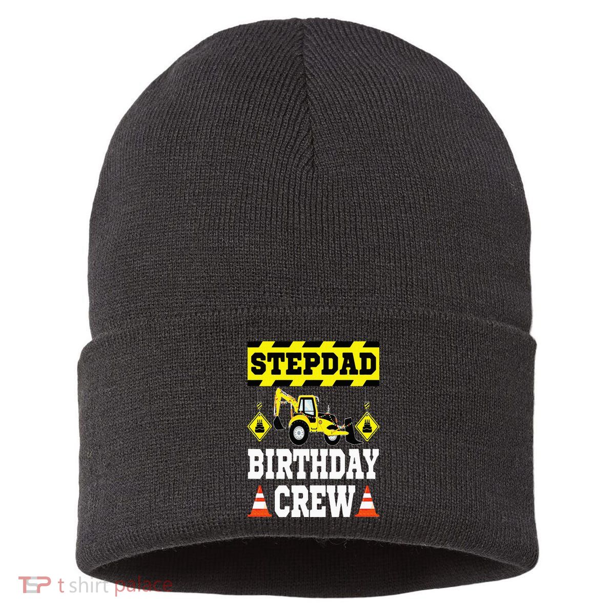Step Dad Of the Birthday Crew Construction Family Matching Sustainable Knit Beanie