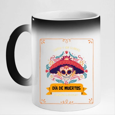 Skull Day Of The Dead Dia De Los Muertos Flowers Gift 11oz Black Color Changing Mug