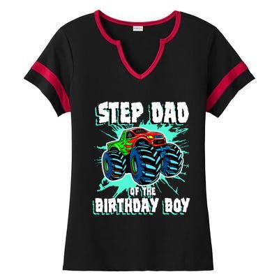 Step Dad Of The Birthday Boy Monster Truck Birthday Party Ladies Halftime Notch Neck Tee