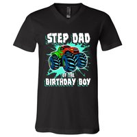 Step Dad Of The Birthday Boy Monster Truck Birthday Party V-Neck T-Shirt