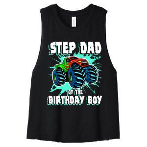 Step Dad Of The Birthday Boy Monster Truck Birthday Party Women's Racerback Cropped Tank