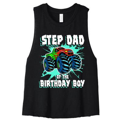 Step Dad Of The Birthday Boy Monster Truck Birthday Party Women's Racerback Cropped Tank