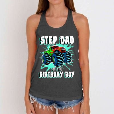 Step Dad Of The Birthday Boy Monster Truck Birthday Party Women's Knotted Racerback Tank