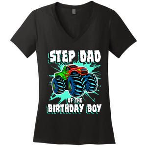 Step Dad Of The Birthday Boy Monster Truck Birthday Party Women's V-Neck T-Shirt