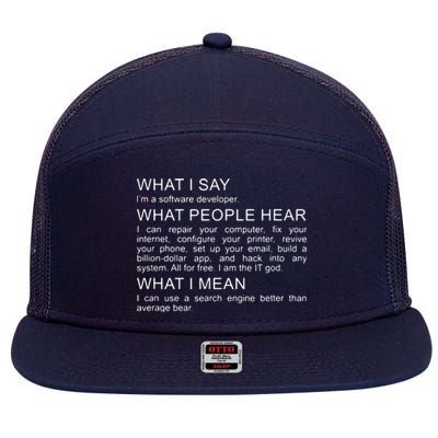 Software Developer Programmer Engineer Funny Saying Design 7 Panel Mesh Trucker Snapback Hat