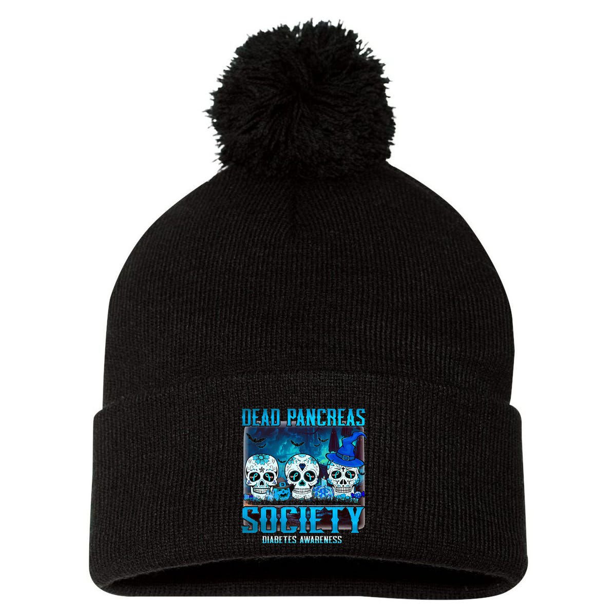 Skull Dead Pancreas Society Diabetes Awareness Halloween Pom Pom 12in Knit Beanie