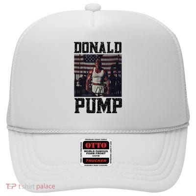 Swole Donald Pump Trump Big Muscles Usa Flag Muscular Trump High Crown Mesh Back Trucker Hat