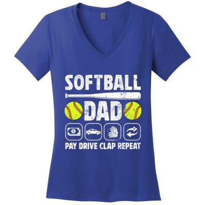 Softball Dad Pay Drive Clap Dad Of A Softball Player Father Cool Gift Women's V-Neck T-Shirt
