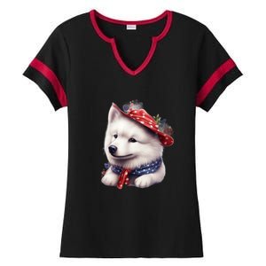 Samoyed Dog Puppy USA Flag Cute Samoyed Puppy Ladies Halftime Notch Neck Tee