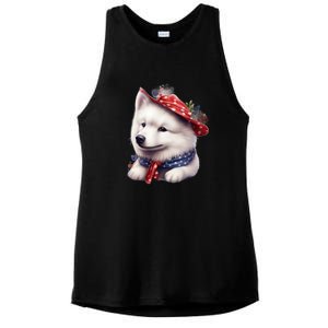 Samoyed Dog Puppy USA Flag Cute Samoyed Puppy Ladies PosiCharge Tri-Blend Wicking Tank