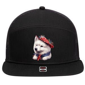 Samoyed Dog Puppy USA Flag Cute Samoyed Puppy 7 Panel Mesh Trucker Snapback Hat