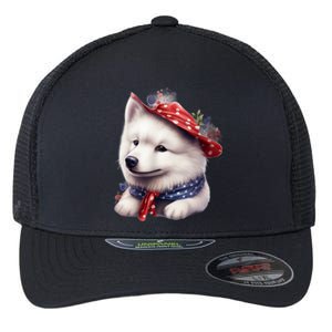 Samoyed Dog Puppy USA Flag Cute Samoyed Puppy Flexfit Unipanel Trucker Cap