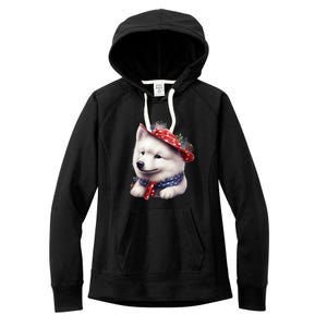 Samoyed Dog Puppy USA Flag Cute Samoyed Puppy Women's Fleece Hoodie