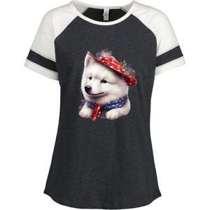 Samoyed Dog Puppy USA Flag Cute Samoyed Puppy Enza Ladies Jersey Colorblock Tee