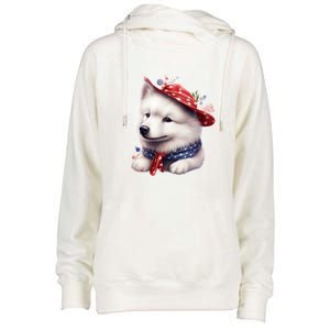 Samoyed Dog Puppy USA Flag Cute Samoyed Puppy Womens Funnel Neck Pullover Hood