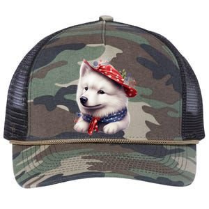 Samoyed Dog Puppy USA Flag Cute Samoyed Puppy Retro Rope Trucker Hat Cap