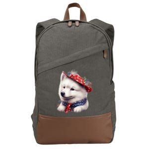 Samoyed Dog Puppy USA Flag Cute Samoyed Puppy Cotton Canvas Backpack