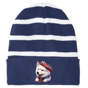 Samoyed Dog Puppy USA Flag Cute Samoyed Puppy Striped Beanie with Solid Band