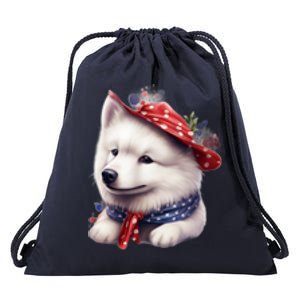 Samoyed Dog Puppy USA Flag Cute Samoyed Puppy Drawstring Bag