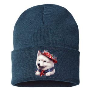 Samoyed Dog Puppy USA Flag Cute Samoyed Puppy Sustainable Knit Beanie