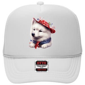 Samoyed Dog Puppy USA Flag Cute Samoyed Puppy High Crown Mesh Back Trucker Hat