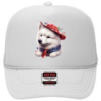 Samoyed Dog Puppy USA Flag Cute Samoyed Puppy High Crown Mesh Back Trucker Hat