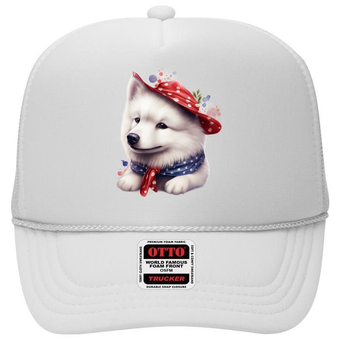 Samoyed Dog Puppy USA Flag Cute Samoyed Puppy High Crown Mesh Back Trucker Hat