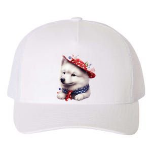 Samoyed Dog Puppy USA Flag Cute Samoyed Puppy Yupoong Adult 5-Panel Trucker Hat