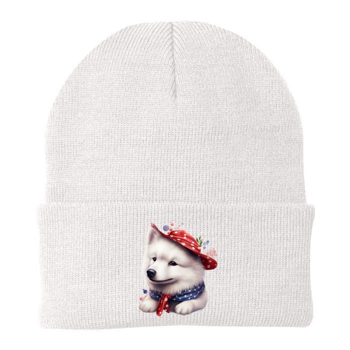 Samoyed Dog Puppy USA Flag Cute Samoyed Puppy Knit Cap Winter Beanie