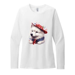 Samoyed Dog Puppy USA Flag Cute Samoyed Puppy Womens CVC Long Sleeve Shirt