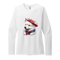 Samoyed Dog Puppy USA Flag Cute Samoyed Puppy Womens CVC Long Sleeve Shirt