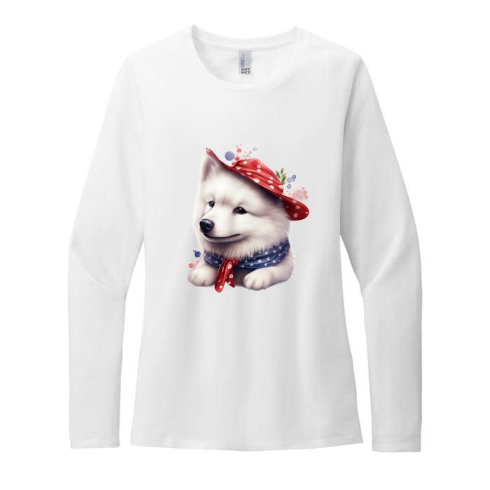 Samoyed Dog Puppy USA Flag Cute Samoyed Puppy Womens CVC Long Sleeve Shirt