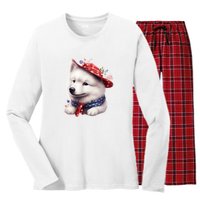 Samoyed Dog Puppy USA Flag Cute Samoyed Puppy Women's Long Sleeve Flannel Pajama Set 