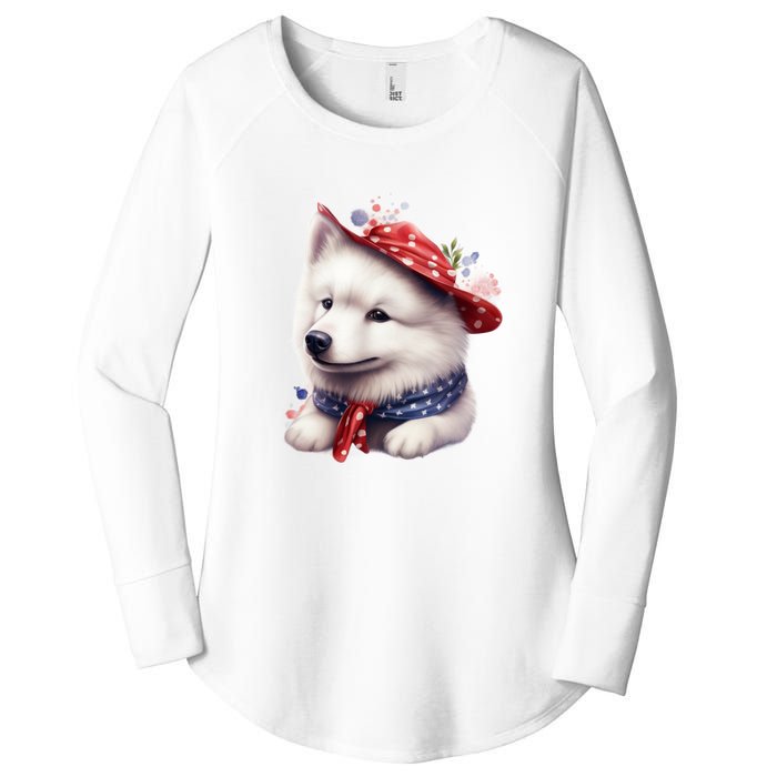 Samoyed Dog Puppy USA Flag Cute Samoyed Puppy Women's Perfect Tri Tunic Long Sleeve Shirt