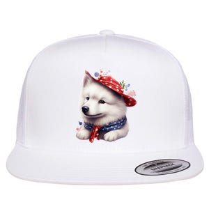 Samoyed Dog Puppy USA Flag Cute Samoyed Puppy Flat Bill Trucker Hat