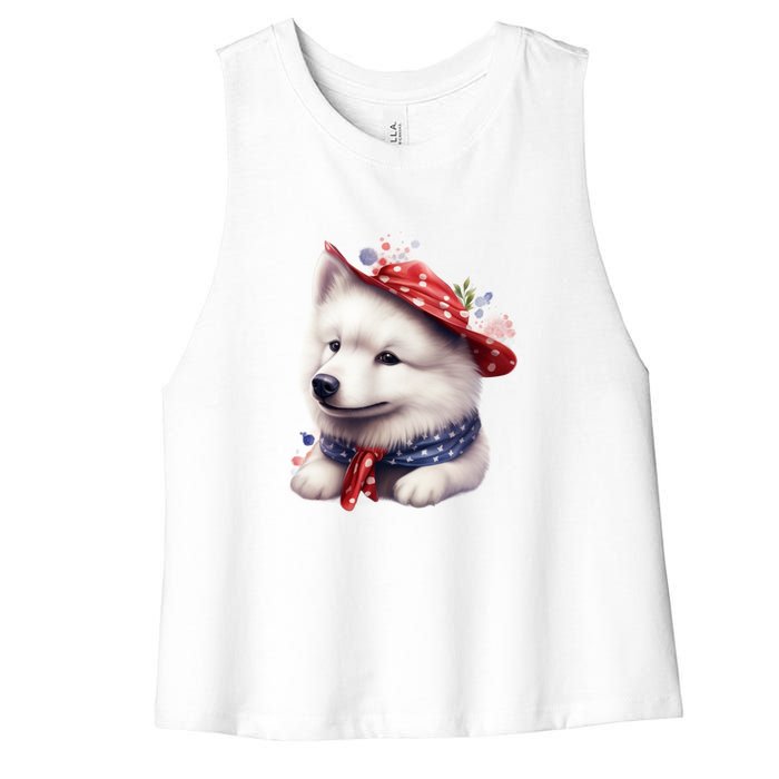 Samoyed Dog Puppy USA Flag Cute Samoyed Puppy Women's Racerback Cropped Tank