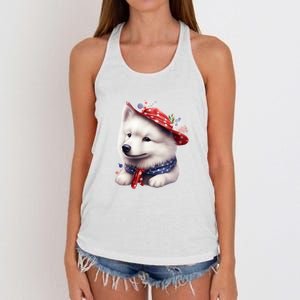 Samoyed Dog Puppy USA Flag Cute Samoyed Puppy Women's Knotted Racerback Tank