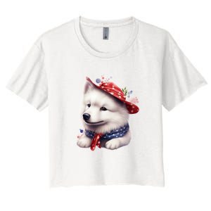 Samoyed Dog Puppy USA Flag Cute Samoyed Puppy Women's Crop Top Tee