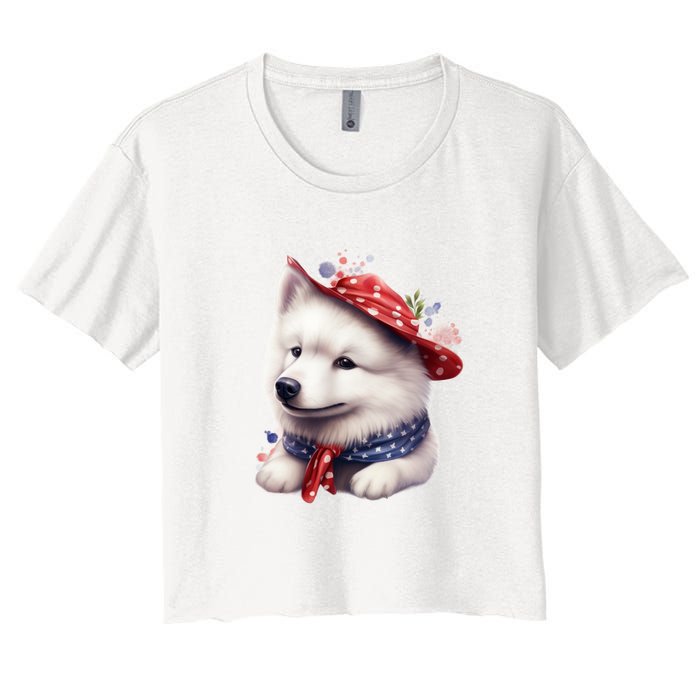 Samoyed Dog Puppy USA Flag Cute Samoyed Puppy Women's Crop Top Tee