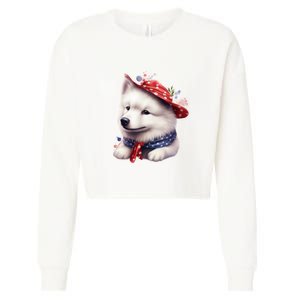 Samoyed Dog Puppy USA Flag Cute Samoyed Puppy Cropped Pullover Crew