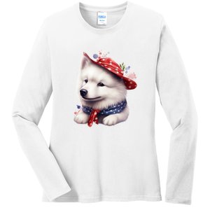 Samoyed Dog Puppy USA Flag Cute Samoyed Puppy Ladies Long Sleeve Shirt