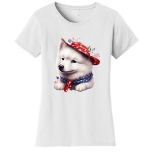 Samoyed Dog Puppy USA Flag Cute Samoyed Puppy Women's T-Shirt