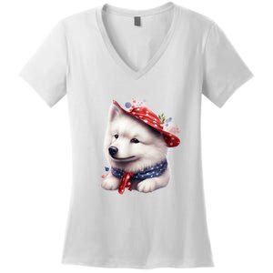 Samoyed Dog Puppy USA Flag Cute Samoyed Puppy Women's V-Neck T-Shirt